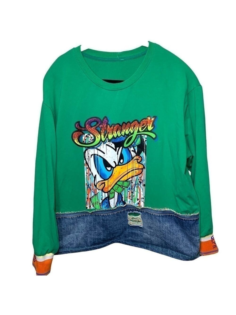 Kuhan KU Dsgn Jersey Sweater Sz L Green Stranger Mean Duck Money Graphic Denim